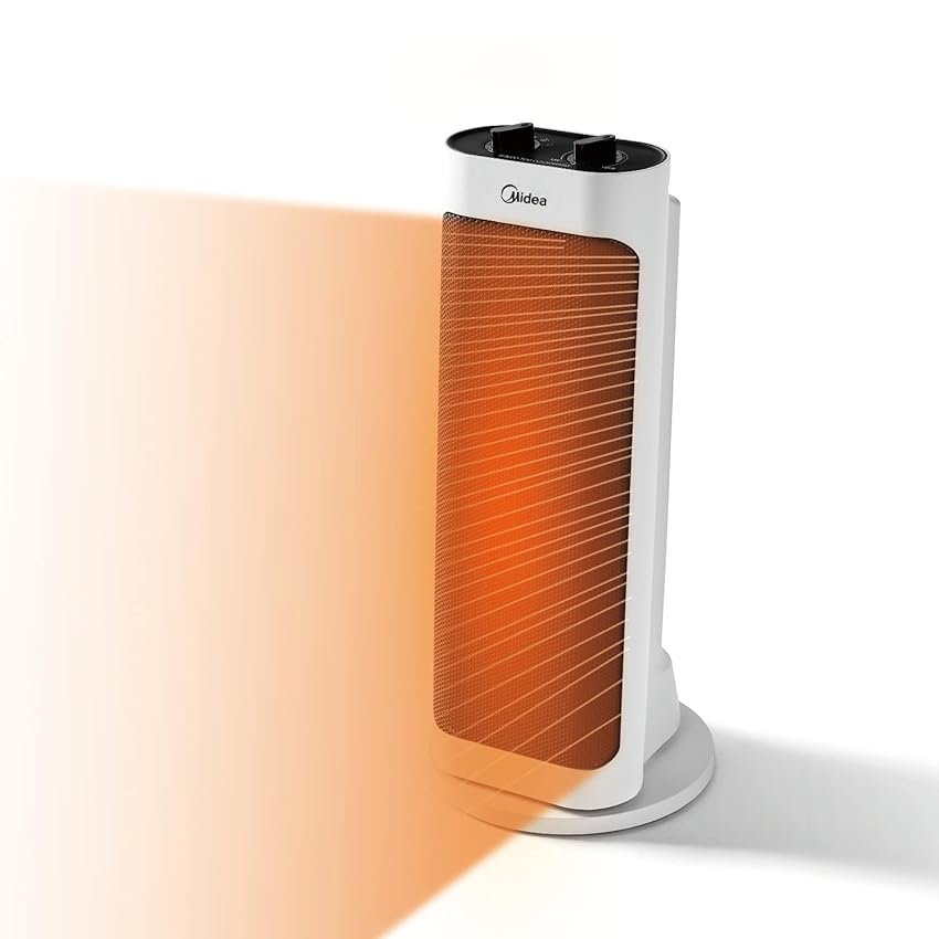 Midea NTH20-19JE Stufetta Elettrica Basso Consumo con Termoventilatore, 7° Inclinazione, 70° Oscillazione, 2000W, 2 Livelli di Potenza, Silenzioso, Protezione Antigoccia, Termostato, Altezza 45.1 cm