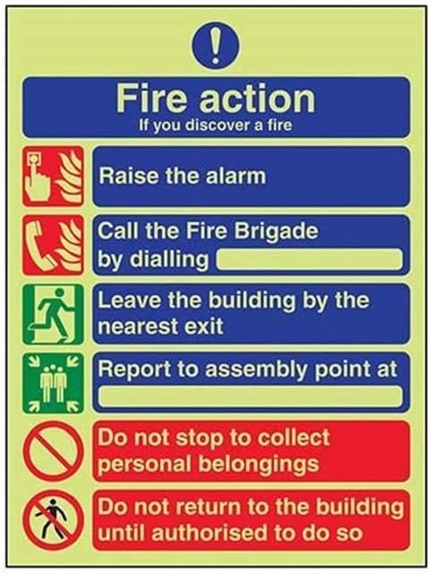 VSafety Glow In The Dark General 6 Message Fire Action Notice Sign - 150mm x 200mm - Self Adhesive Vinyl