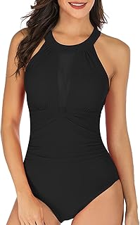 SYKT Women One Piece Swimsuit Tummy Control Mesh Ruched Bathing Suit Halter Sexy Monokini Slimming Swimwear
