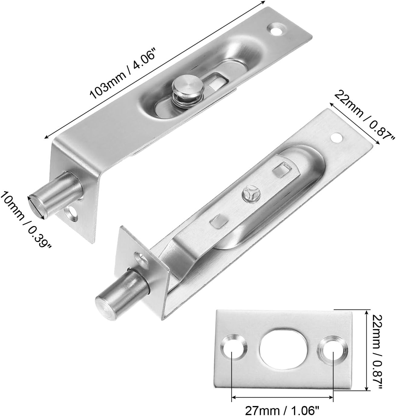 MECCANIXITY Flush Bolt 4.06 x 0.87 Inch Solid Brass Door Flush Bolt for Double Door Concealed Slide Lock Latch Stainless Steel for Wood Sliding Doors Cupboard Cabinet Silver， Pack of 1