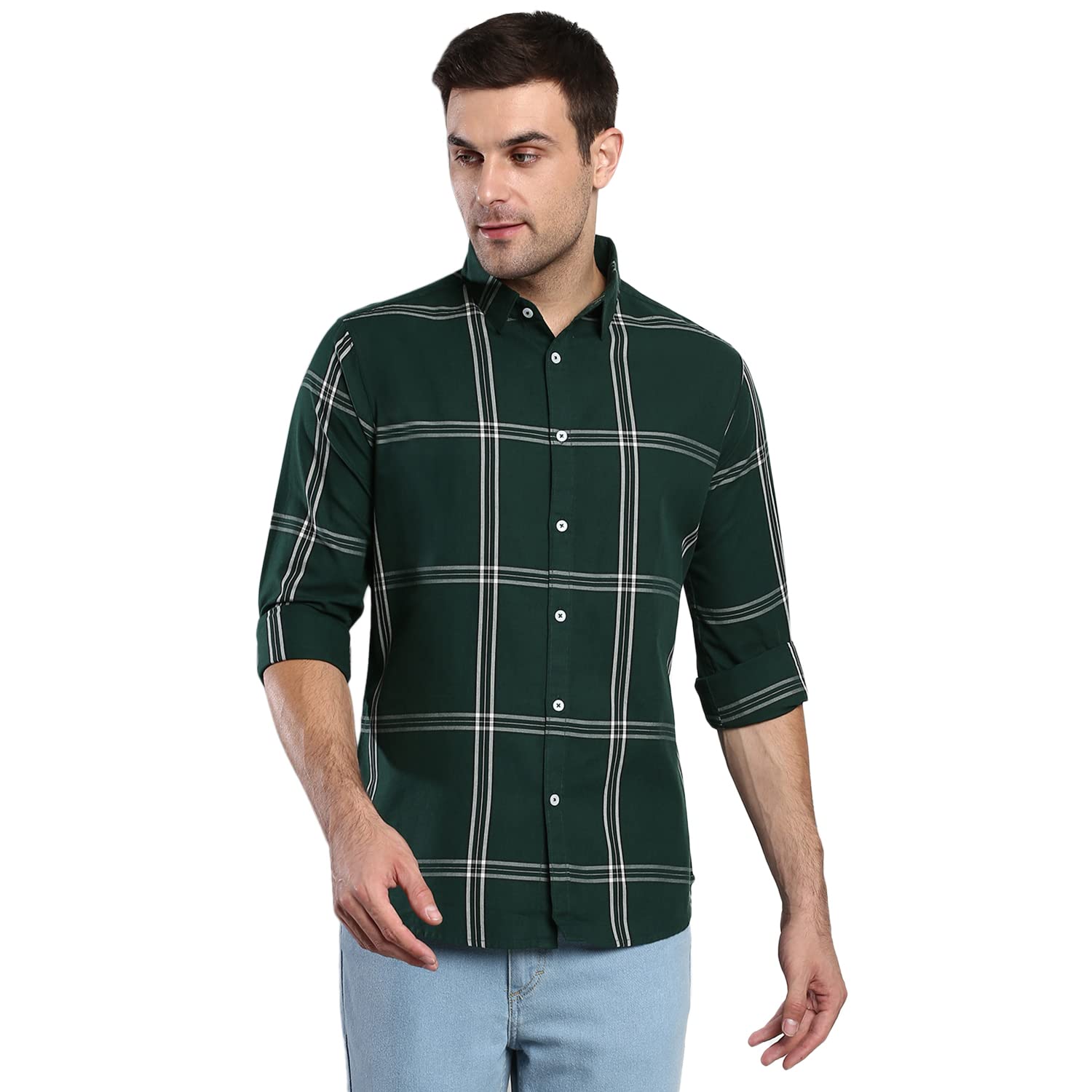 Dennis Lingo Men's Plaid Blue Slim Fit Cotton Casual Shirt with Spread Collar & Full Sleeves