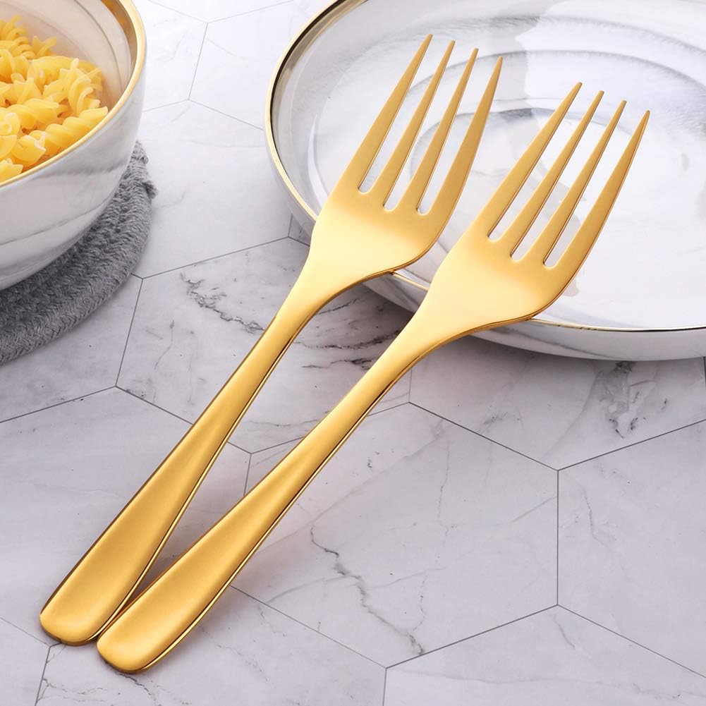 Buffet Serving Forks, Stainless Steel 10 Inch Gold Plated Server Meat Fork Set of 2, Large Salad Serverware Utensils, Dishwasher Safe