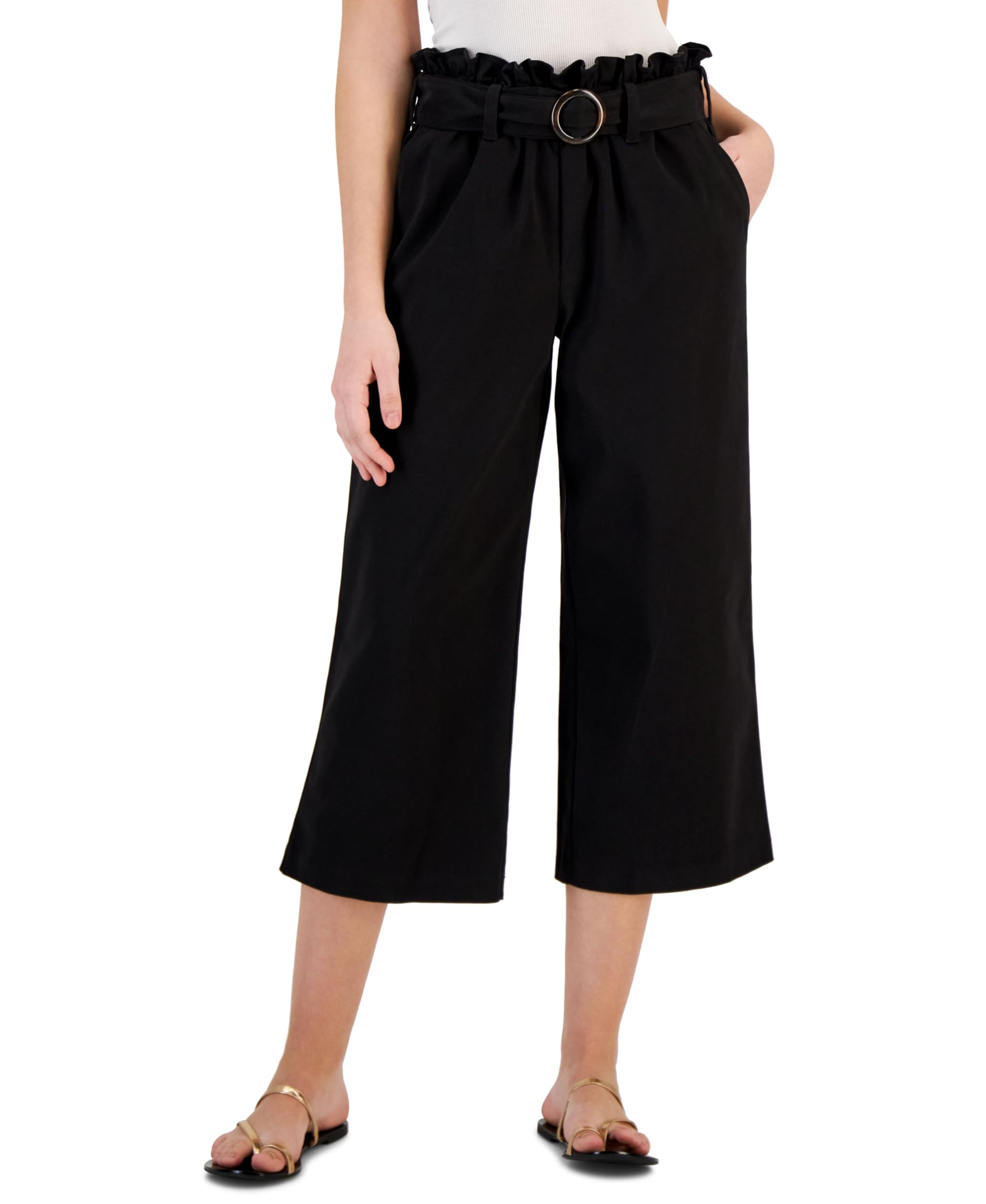Fever Womens Twill Paper Bag-Waist Belted Cropped Pants Black Beauty S