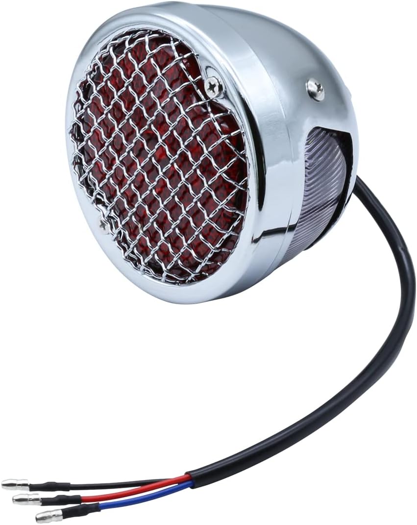 FATECIM Round Motorcycle LED Tail Light Rear Brake Stop Light Red Lens Grille Ribbed Integrated License Plate Lamp for Harley Sporster Bobber Chopper Cruiser Honda Yamaha Suzuki Kawasaki Chrome