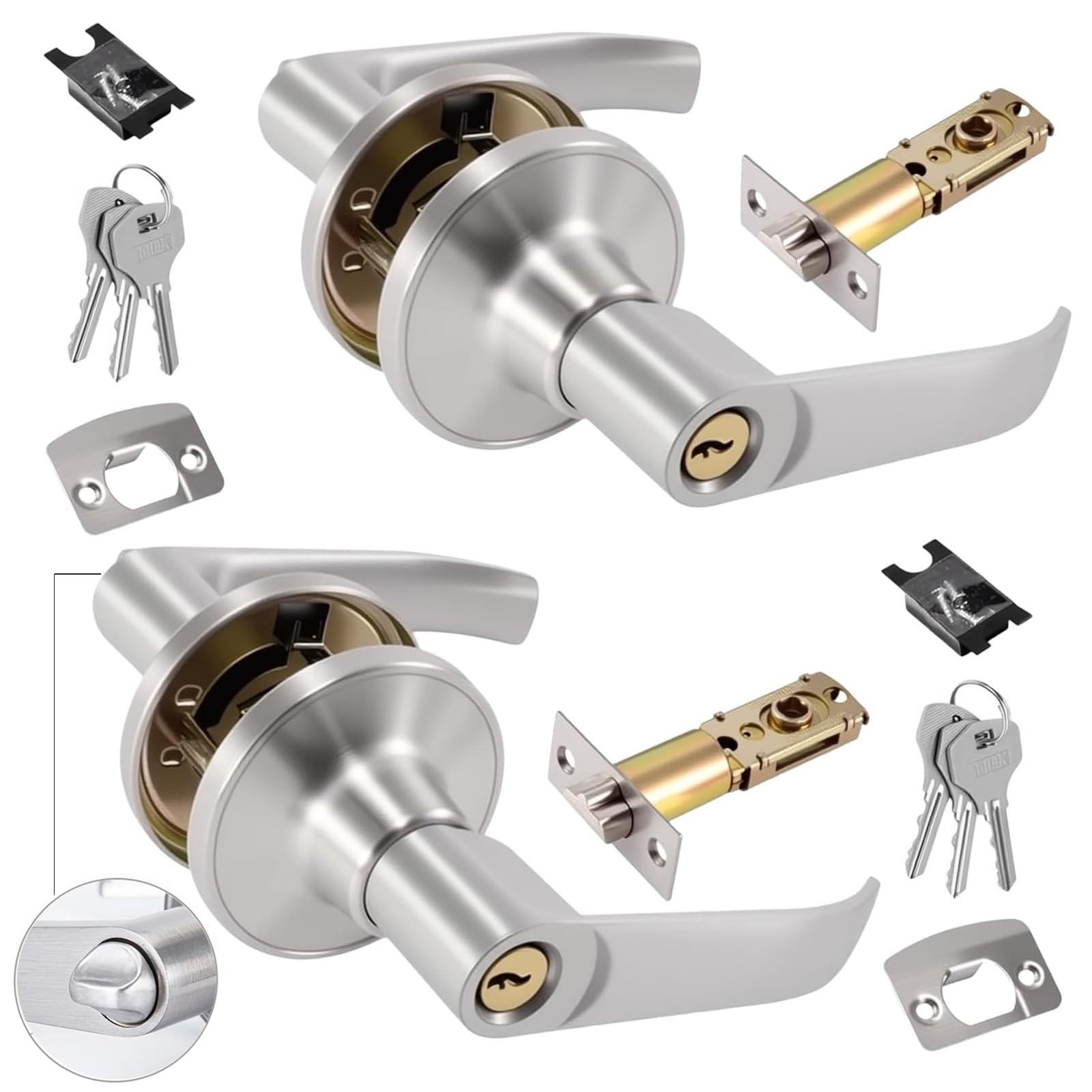 2-Pack Door Lock with Key Set, Aluminium Alloy Entrance Door Handles, Internal Door Handles with 3 Keys & Adjustable Latch, Privacy Knob Locking Device, for Home & Office Doors (Silver, 25-45mm)