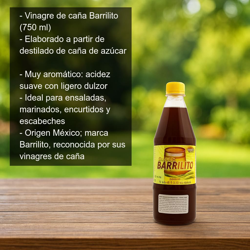 Vinagre de Caña de Azúcar Mexicano Barrilito 750 ml, aromático y suave para ensaladas