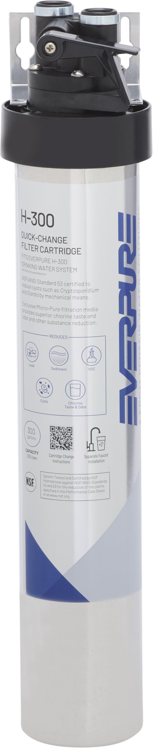 Pentair Everpure H-300 Drinking Water System, EV927076, NSF Certified to Reduce Lead, Includes Filter Head, Filter Cartridge, All Hardware and Connectors, 300 Gallon Capacity, 0.5 Micron