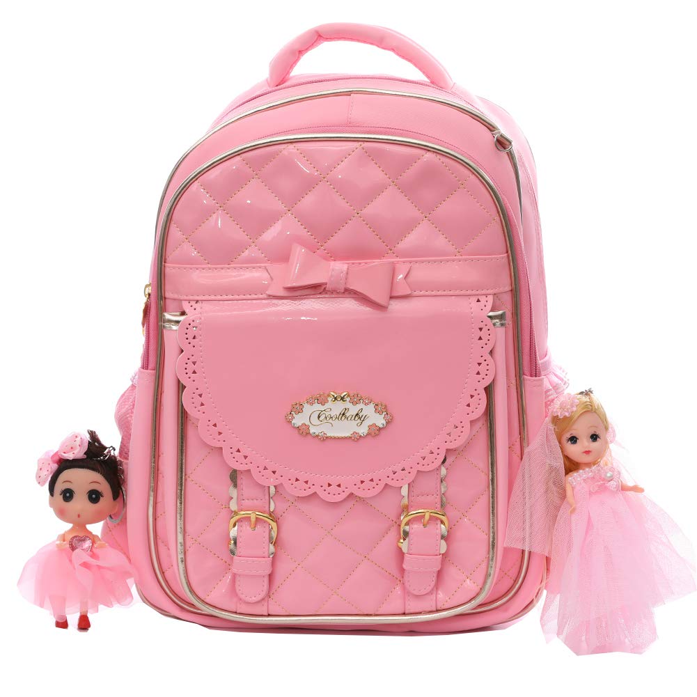 Schoool Backpack for Girls kids Waterproof PU Leather Cute Elementery Bookbag for 5-12 years old large Pink