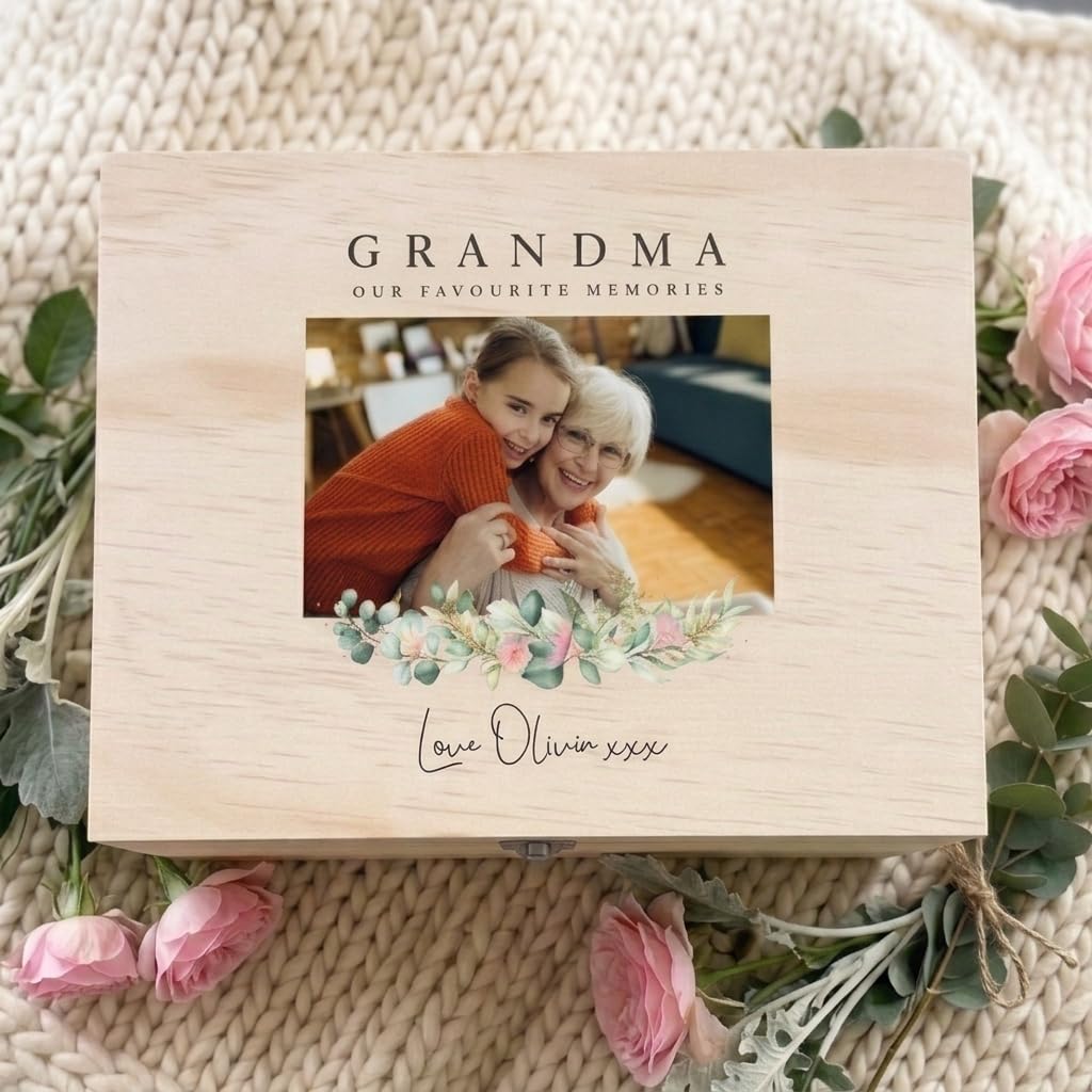 Caja de recuerdos personalizable con foto de pino floral | Duelo, Día de la Madre, regalo de aniversario | 26 x 18,9 x 15,5 cm