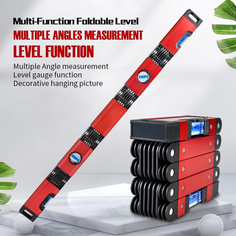 Level, Foldable Multi-Function Precise Measuring Aluminum Alloy Level Tool with Multi-Angle Folding, 4 Level Bubbles, Ideal Woodworking Tool for Carpenter, 28 Inch (EWK-RLALR)