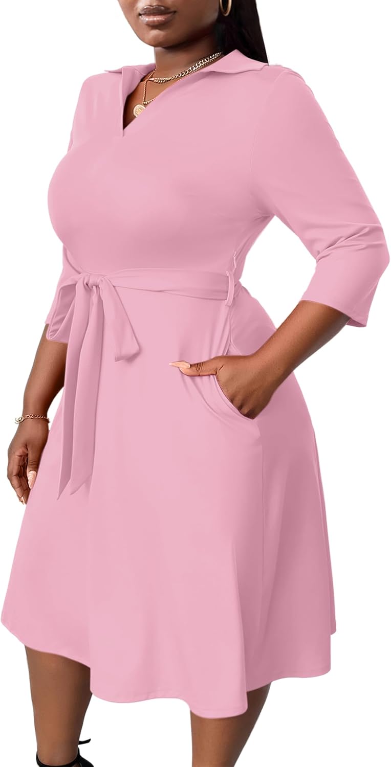 FANDEE Plus Size Midi Dress for Women - Printing Summer Dresses for Wedding Guest Cocktail Party 3/4 Sleeve V Neck（L-5XL）