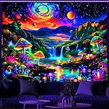 Ine Ive Blacklight Galaxy Space Tapestry UV Reactive Tapestry Mountain Waterfall Mushroom Nature Nature Poster Wall Hanging 80x60Inch for Bedroom Dorm Home Decor