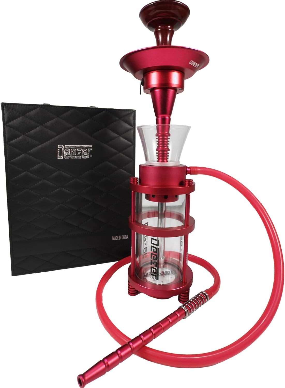 Deezer Elite Glass Hookah - Luxurious Shisha Experience, Premium Crystal Vase, Ultra-Smooth Draw System, Complete with LEDs, Porcelain Bowl & Tongs by Deezer - General With Ice Tray (Red)