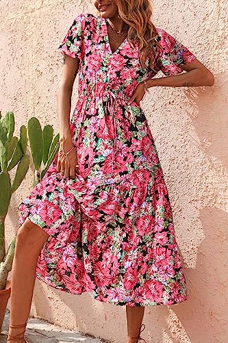 PRETTYGARDEN Summer Floral Dress for Women 2025 Casual Boho Short Sleeve Maxi Dresses V Neck Tiered Flowy Beach Sundress
