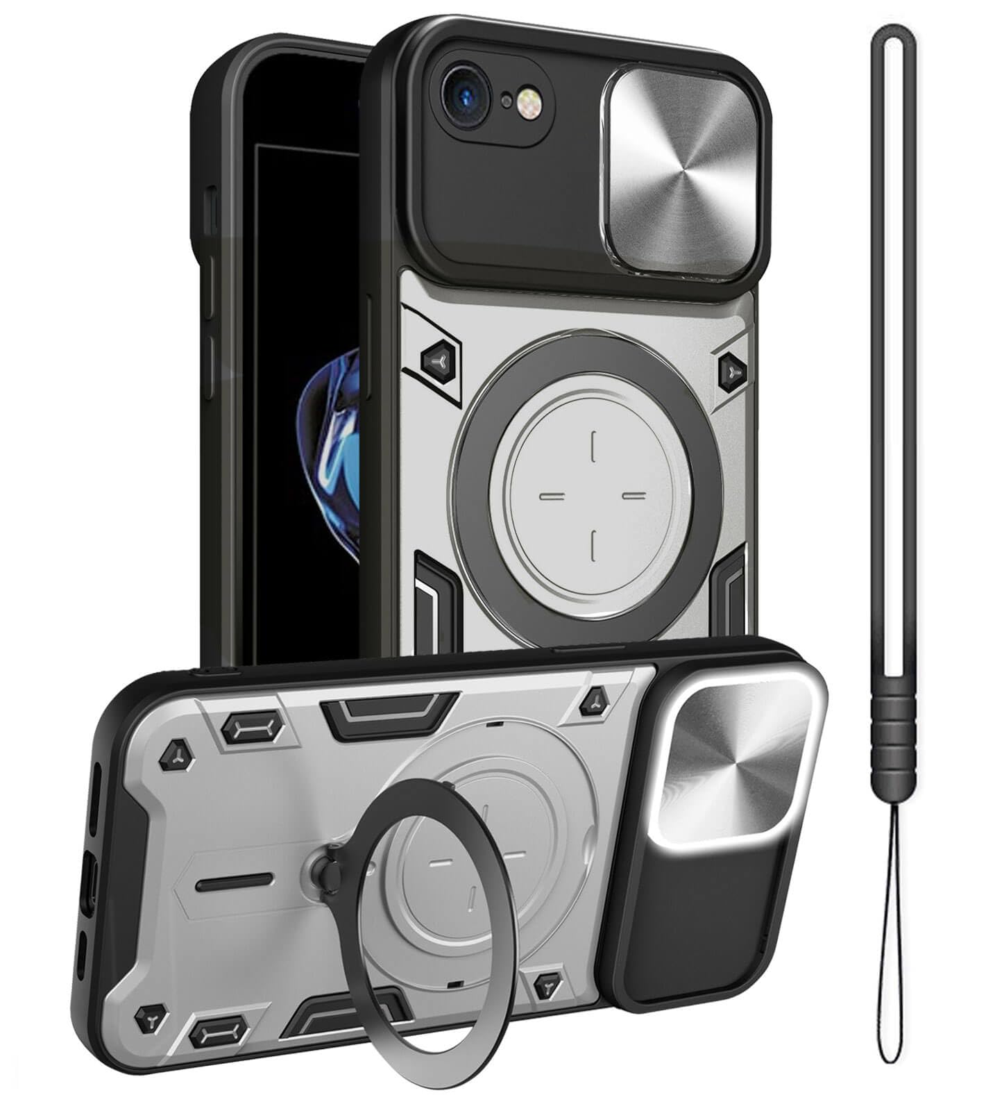 JHWVVTF for iPhone SE Case 2020 2022/iPhone 8 Case/iPhone 7 Phone Case,Metal Stand Ring Holder,Lens Protector,Slim Bumper Full Protection Shockproof Hard Cover for Women Men (Silver)