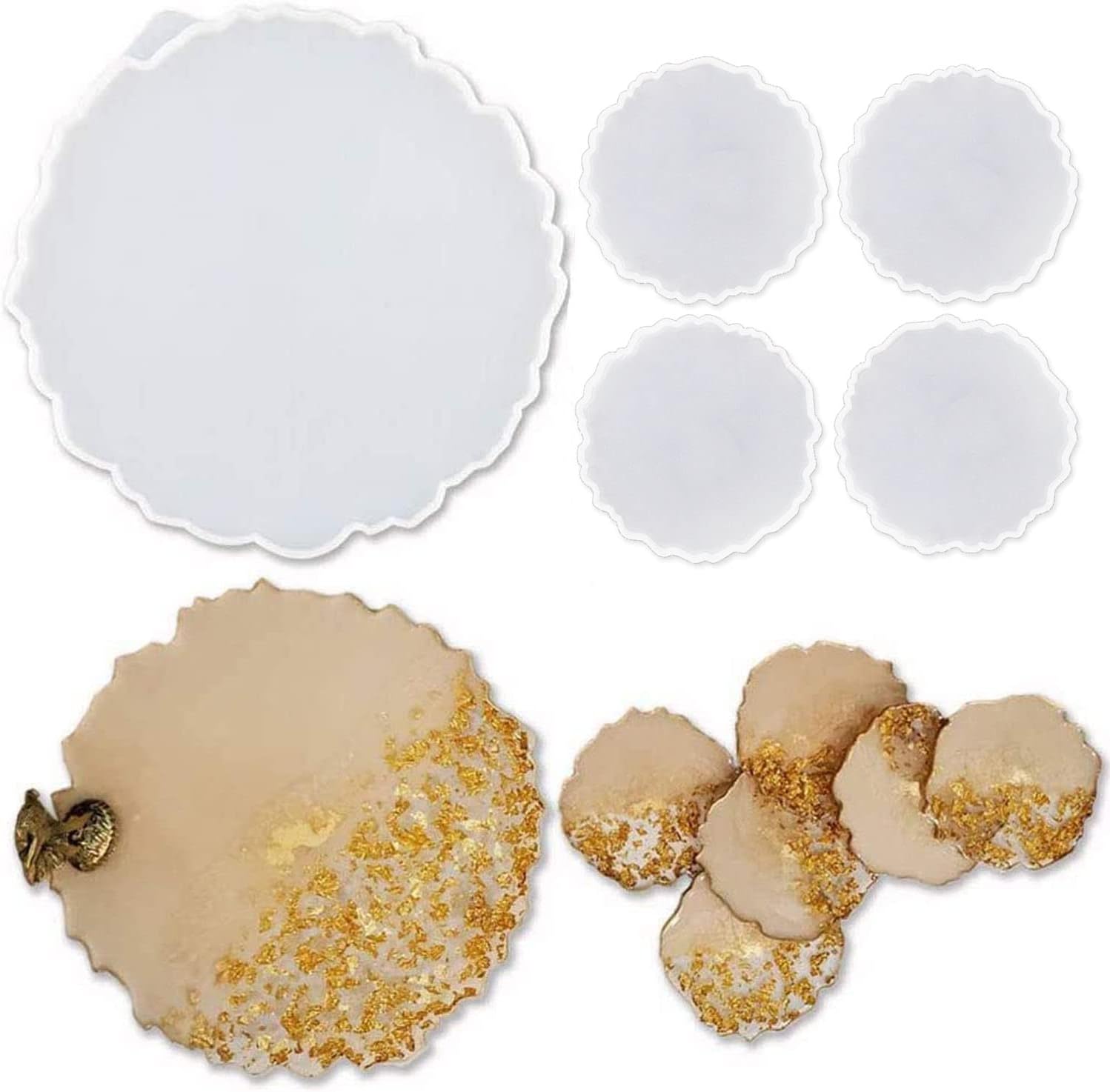 RESINWORLD 5 Pack Silicone Resin Molds, 1 Pcs Large Tray Mold for Resin + 4 Pack Geode Agate Coaster Molds, Round Tray and Coaster Epoxy Molds Set