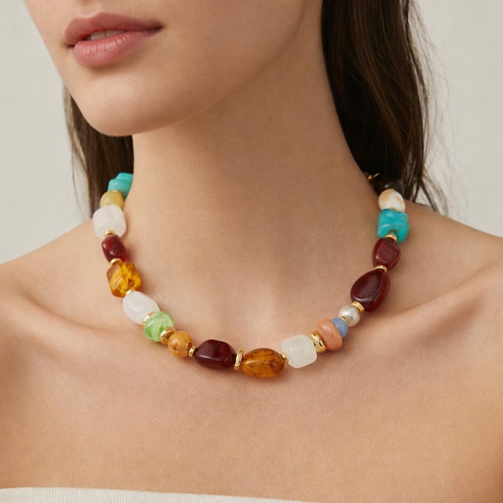 Chunky Beaded Colorful Necklace for Women Big Boho Bead Rainbow Necklaces Summer Beach Statement Colorful Necklace Jewelry Gifts for Women image 3