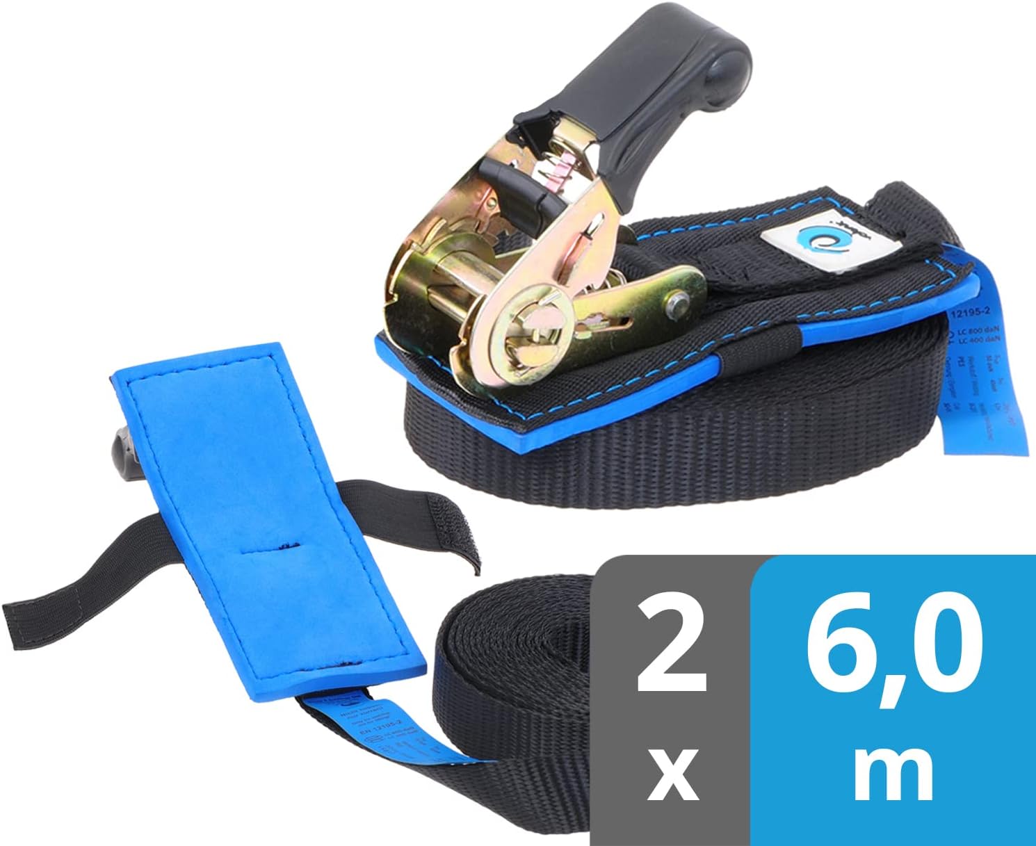 valonic cincha de Amarre con trinquete, 6m - Acolchado, EN-12195-2, 800 Kg, Negro, Correas de Agarre para Fijar Cargas, 2 Piezas, 25mm - Cinta tensora con trinquete para Sup o Kayak