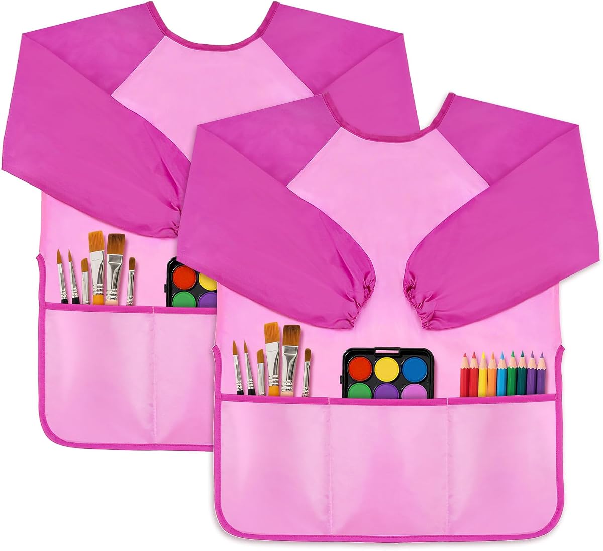 DaiUni 2 Pack Kids Art Smock, Toddler Paint Smock Painting Apron | Children Artist Smock for Kids 2-6 With Long Sleeve and 3 Pockets, Toddler School Art Supplies