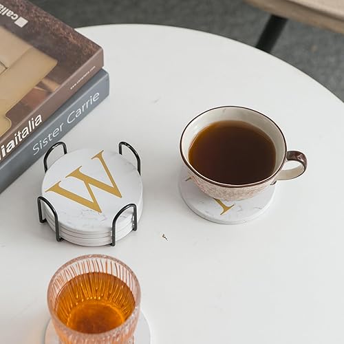Miniatura 2 de Posavasos con monograma para bebidas absorbentes para mesa de café con soporte, juego de 6 posavasos de cerámica con base de corcho, posavasos