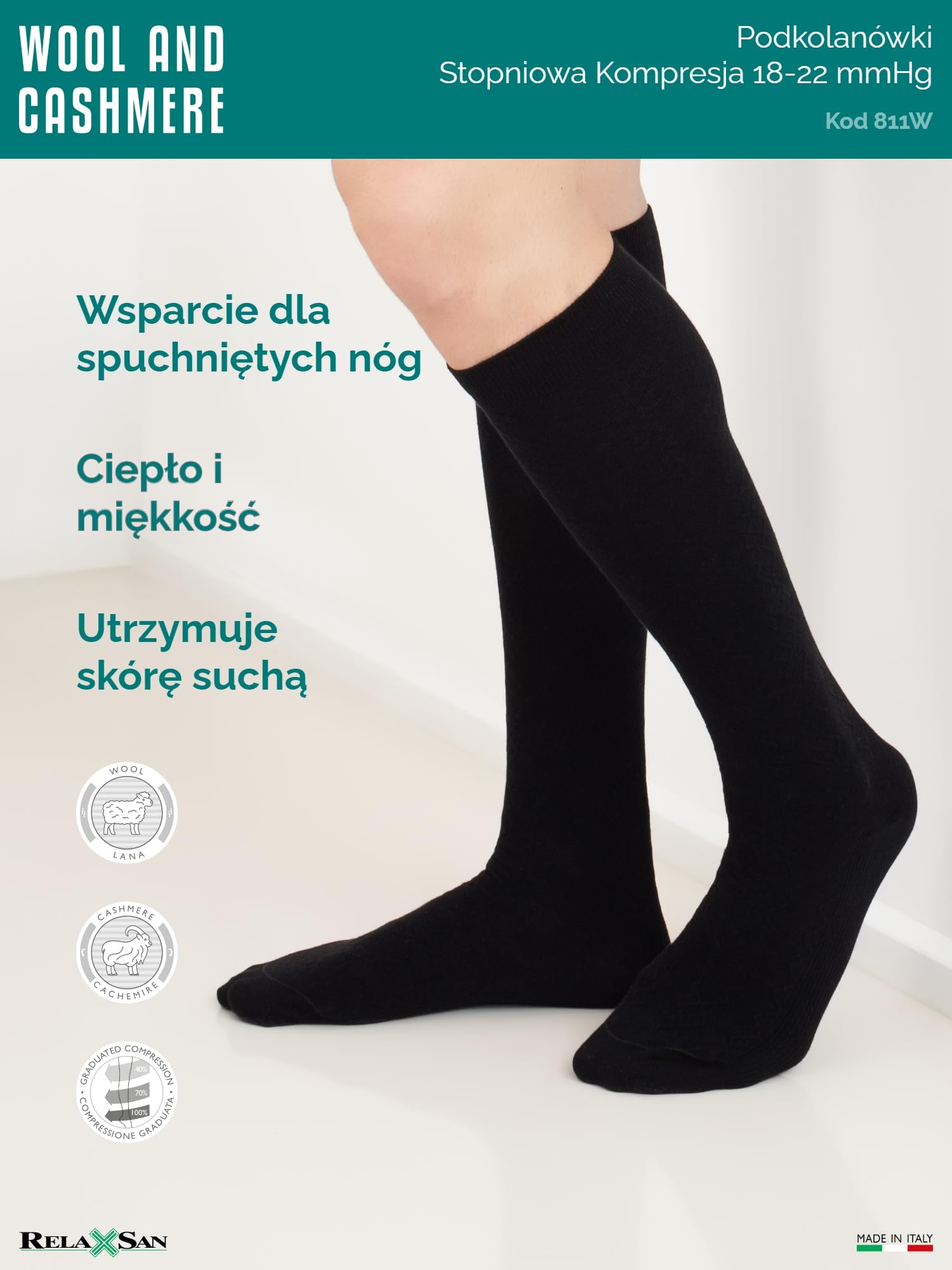 Relaxsan Skarpety Kompresyjne Damskie i Męskie z Wełny i Kaszmiru, Skarpety Termiczne, Made in Italy, 811W