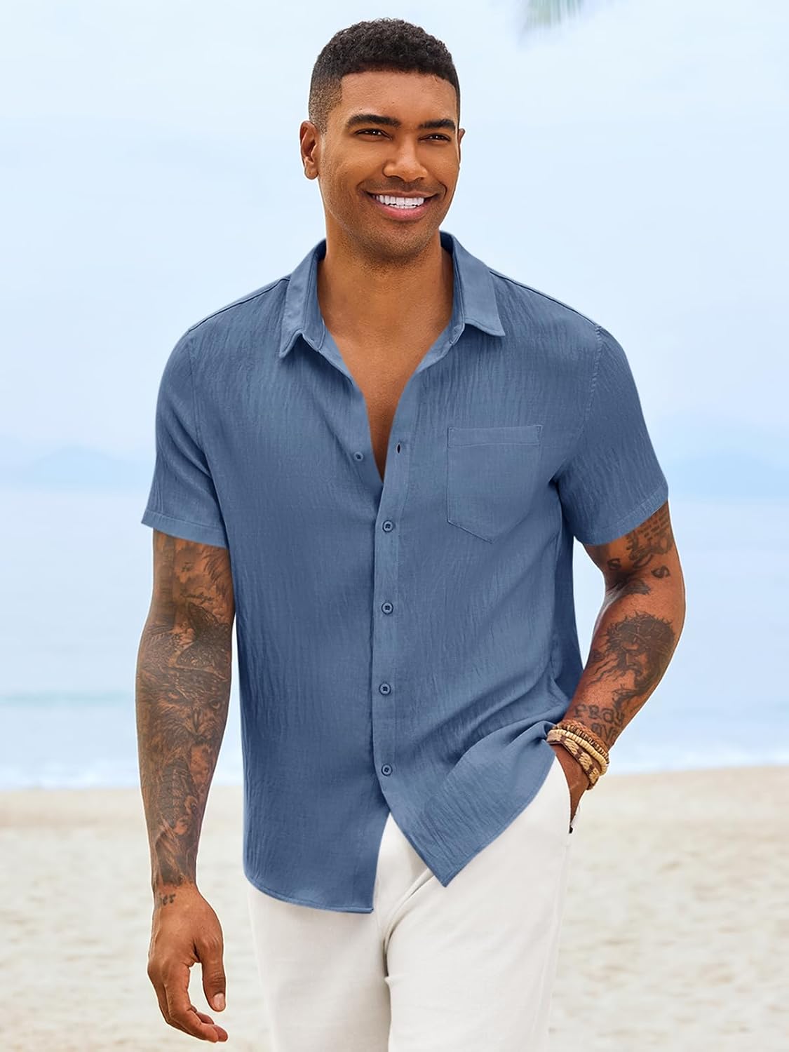 Runcati Mens Button Down Shirts Casual Short Sleeve Linen Shirt Summer Beach Textured Tops with Pocket - Image 4