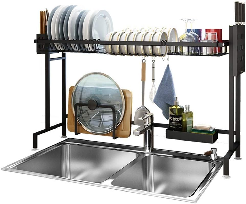 MLQ Multifunctional Kitchen Sink Stainless Steel Storage Shelf, Double Layer Sink Dishes Drain Rack, Can Bear 30 Kg Without Pressure, Black, 91 * 27 * 57Cm