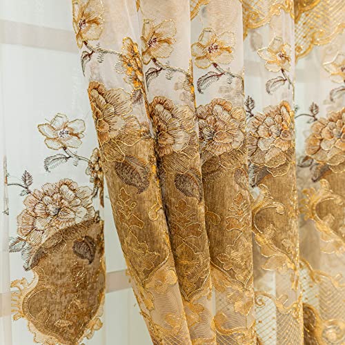 Elkca European Style Luxury Embroidered Chenille Curtain For Living Room,Grommet Top,2 Panels (52" W X 84" L| 2 Panels, Curtain-Coffee) #TOP5