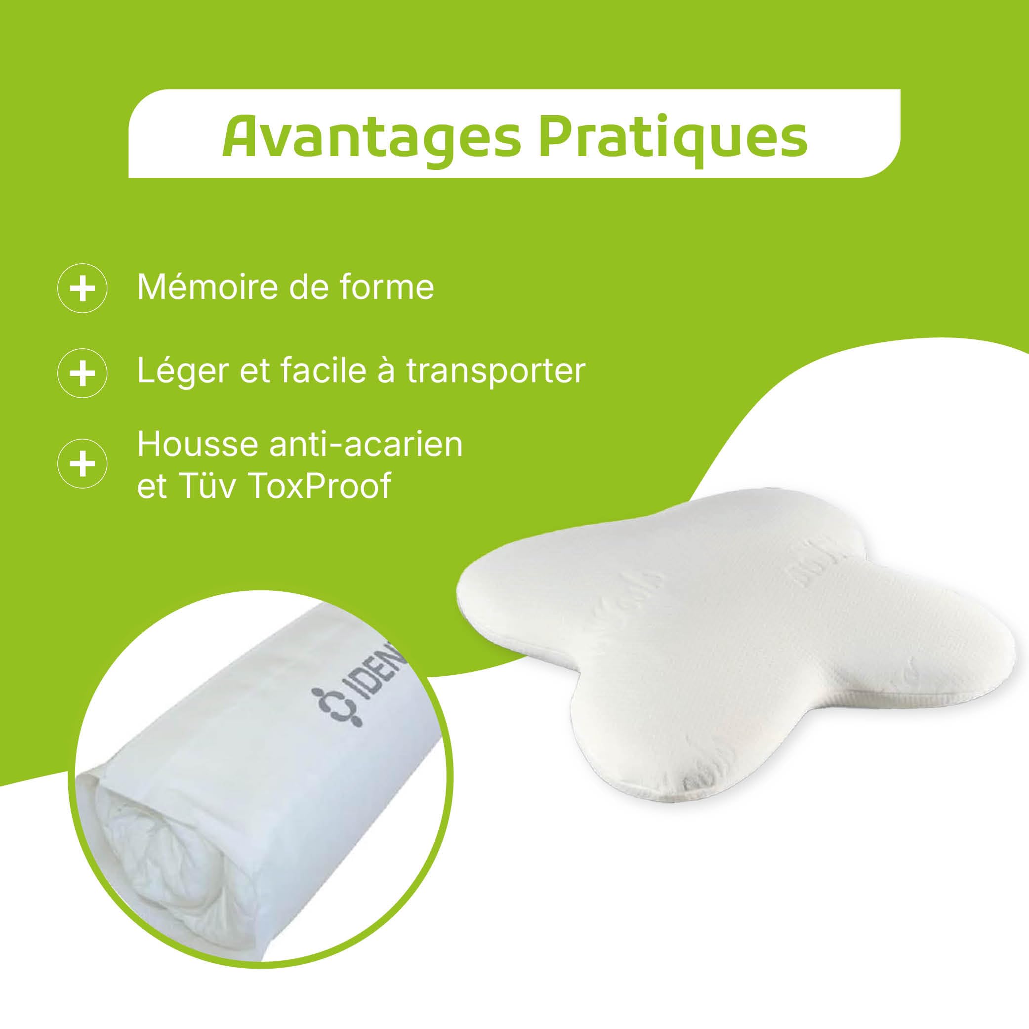 identités, Oreiller Vegelya Premium, Modèle Fly, Oreiller À Mémoire de Forme, Oreiller Naturel, Oreiller Anti-Acarien, Oreiller avec Mousse Aérée, Oreiller de Voyage, Housse Ultra-Confort Greenfirst
