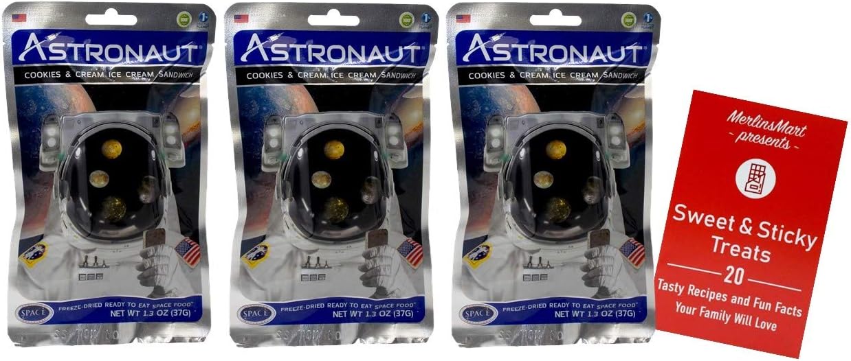 Mayardfun Liphontcta Astronaut Freeze-Dried Ice Cream Sandwich | Ready to Eat | Space Food | Cookies & Cream Flavor - Pack of 3 | Plus Recipe Booklet Bundle (1 Ounce)