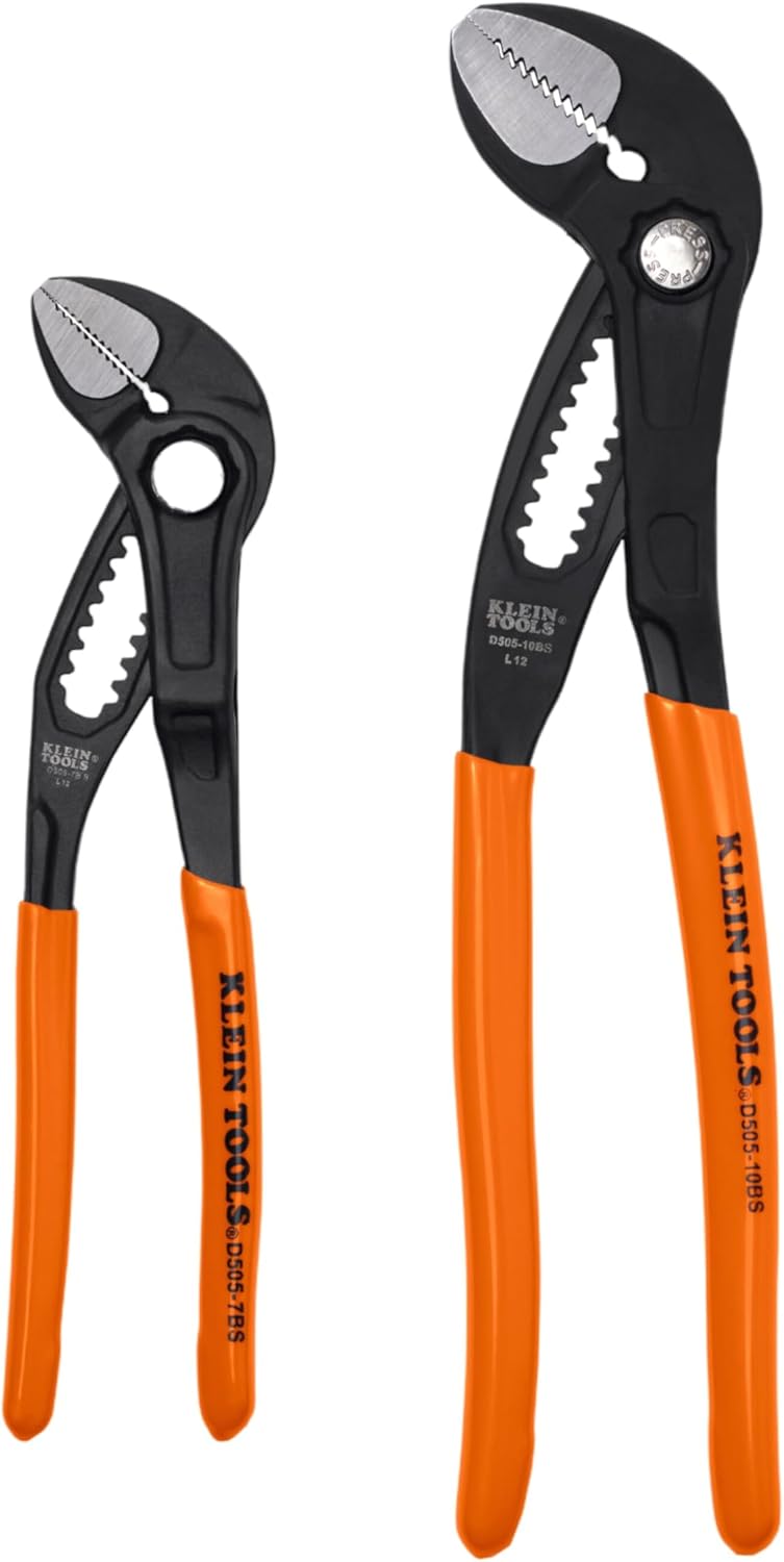Klein Tools D5052BSKIT Straight Jaw Quick-Adjust Pump Pliers Set, 7-Inch and 10-Inch Adjustable Pliers Set, Heavy-Duty Hand Tool with Serrated Teeth