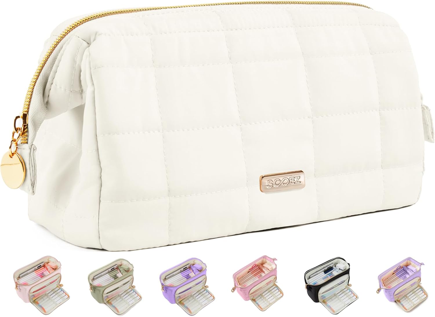 Sooez Large Pencil Case Pouch - Soft Quilted Pen Bag with Wide Opening Zipper, Holds 100+ Pens, Cute School Supplies Organizer for Girls Boys Adults, Beige