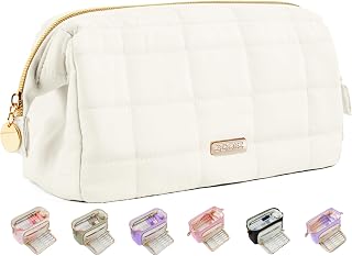 Sooez Large Pencil Case Pouch - Soft Quilted Pen Bag with Wide Opening Zipper, Holds 100+ Pens, Cute School Supplies Organizer for Girls Boys Adults, Beige