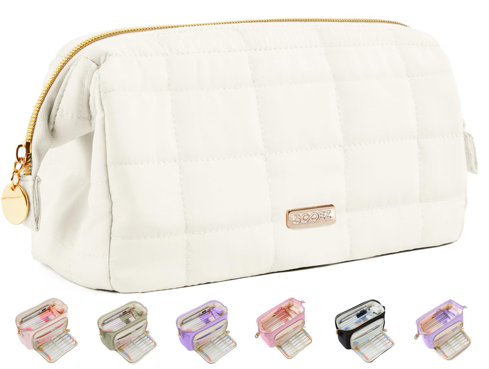 Sooez Large Pencil Case Pouch, Soft Pencil Bag with Zipper, Pen Bag Wide Opening, School Supplies Cute Pencil Case for Girls Boy Men Women, Beige