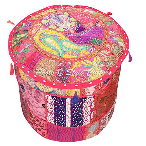 Stylo Culture Ottoman Pouffe Footstool Cover Vintage Large Pink Ethnic Embroidered Patchwork Cotton Traditional Round Fabric Ottoman Pouf Cover (22x22x13 Inch) 55cm (COVER ONLY) - Image 2