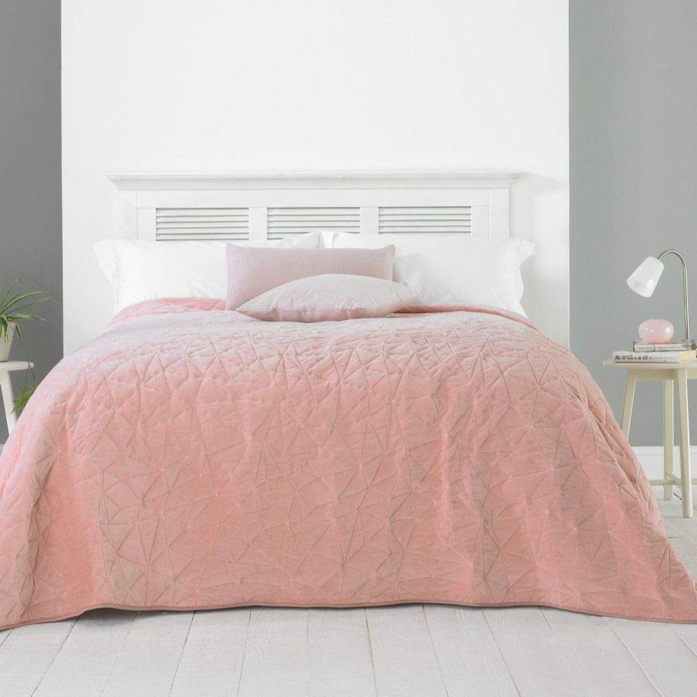 Velvet Quilted Bedspread Geometric Throwover Bed Throw Double King Blush Pink