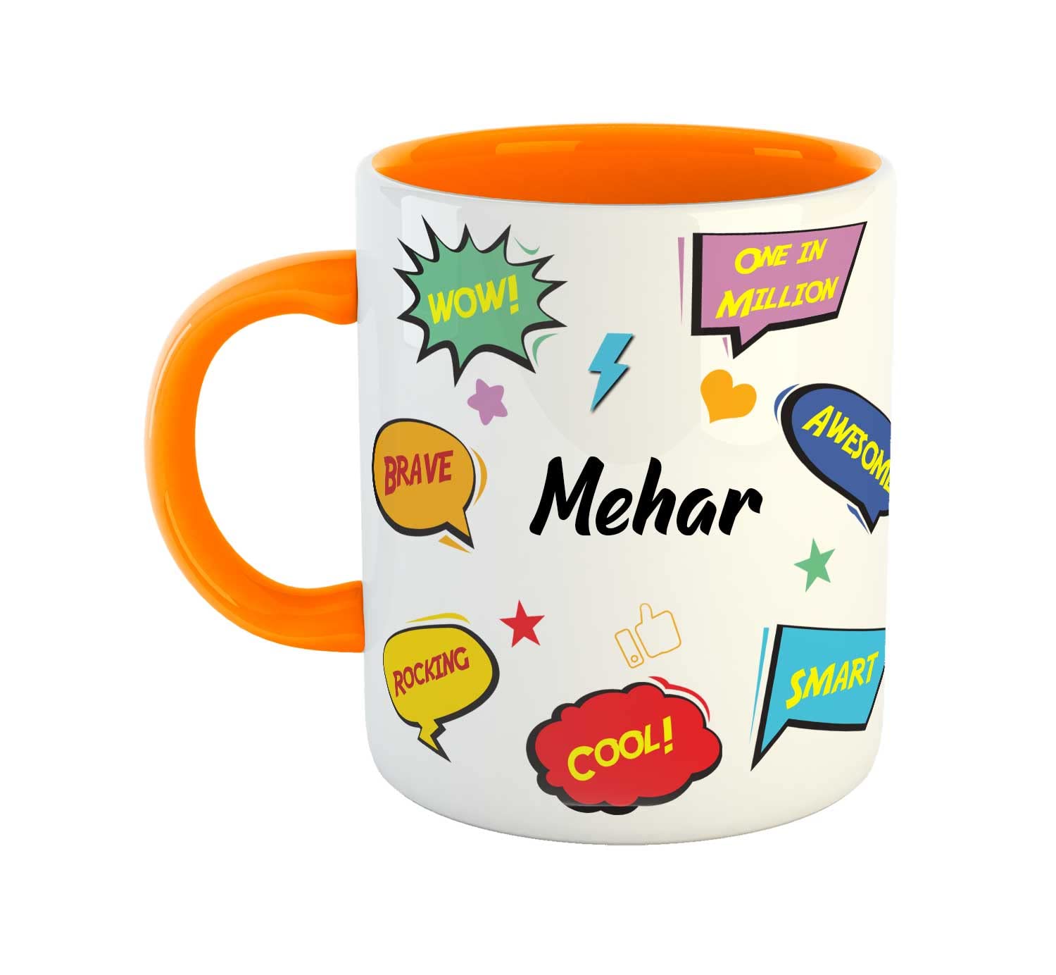ASHVAH Customized Mehar Name Ceramic Coffee Mug - Happy Birthday Gift for Daughter, Sister, Wife, Friend, Return Gift for Kids, Color - Orange, Name -Mehar