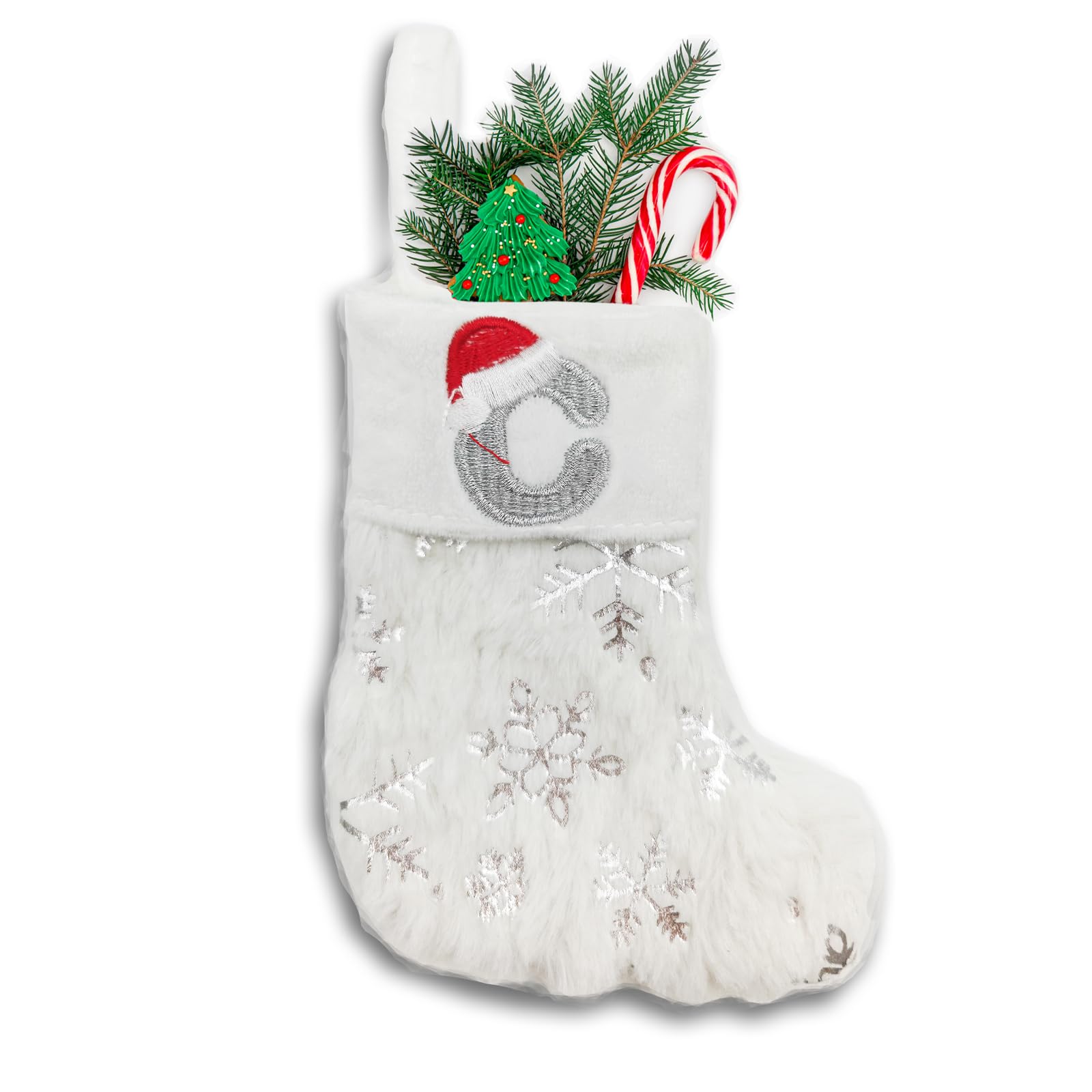 ASEOJOON 6 inches Initial Monogram Christmas Stocking with Embroidered Letters Personalized Small Plush Xmas Hanging Stocking with Sequin Snowflake