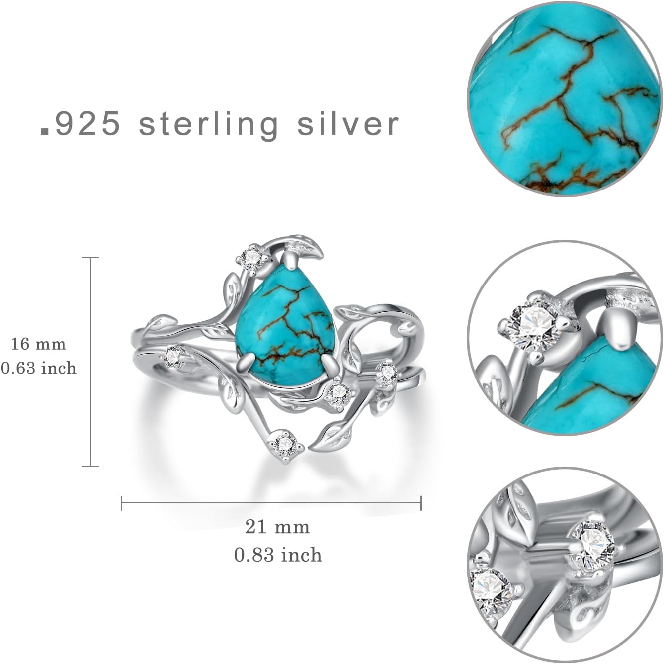 Real Turquoise Wedding Ring Set for Women Sterling Silver Genuine Turquoise Engagement Rings Wedding Turquoise Jewelry for Women