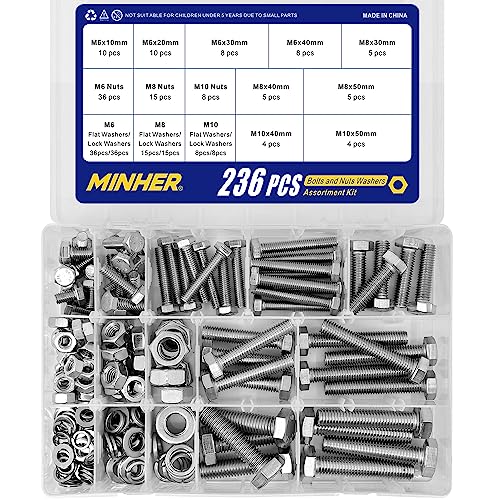 MINHER 236PCS M6 M8 M10 Heavy Duty Bolts and Nuts Assortment Kit 304 Stainless Steel(18-8) Hex Screws Nuts & Washers kit - Image 2