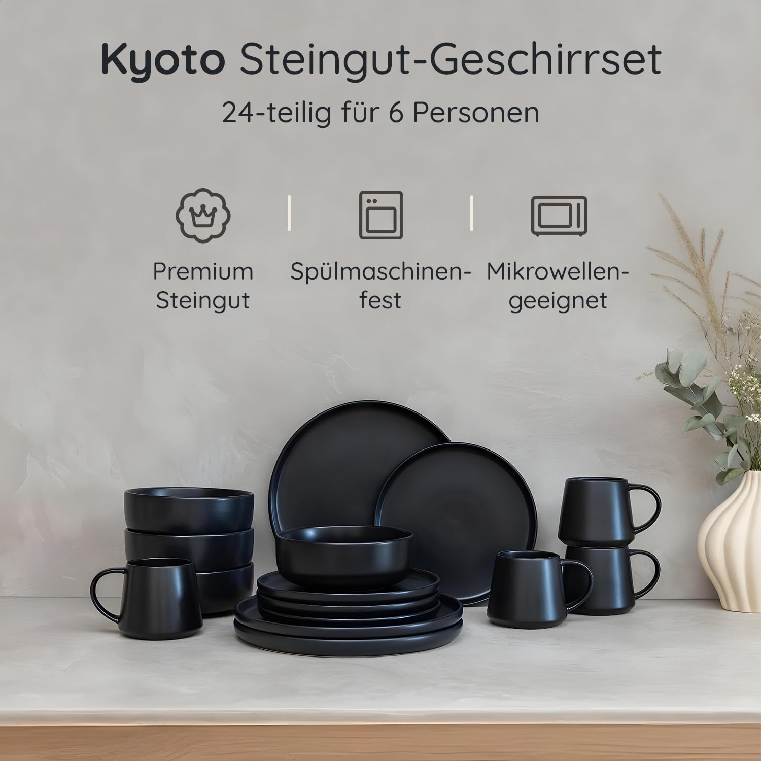 Geschirrset 24 teilig für 6 Personen, Modernes Steingut Tafelservice im Japandi Stil, Schwarzes Geschirr Set mit Tellern, Schalen & Tassen, Teller Steinzeug, Kombiservice 6 Personen & Tafelgeschirr