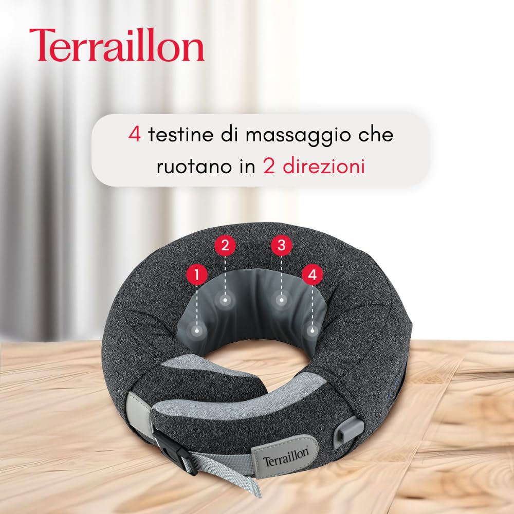 TERRAILLON - NECK MASSAGER, Cuscino massaggio collo e cervicale, rilassante, riduzione della tensione, anti-stress, 3 velocità di massaggio, 2 direzione di rotazione, opzione riscaldante, cinghia