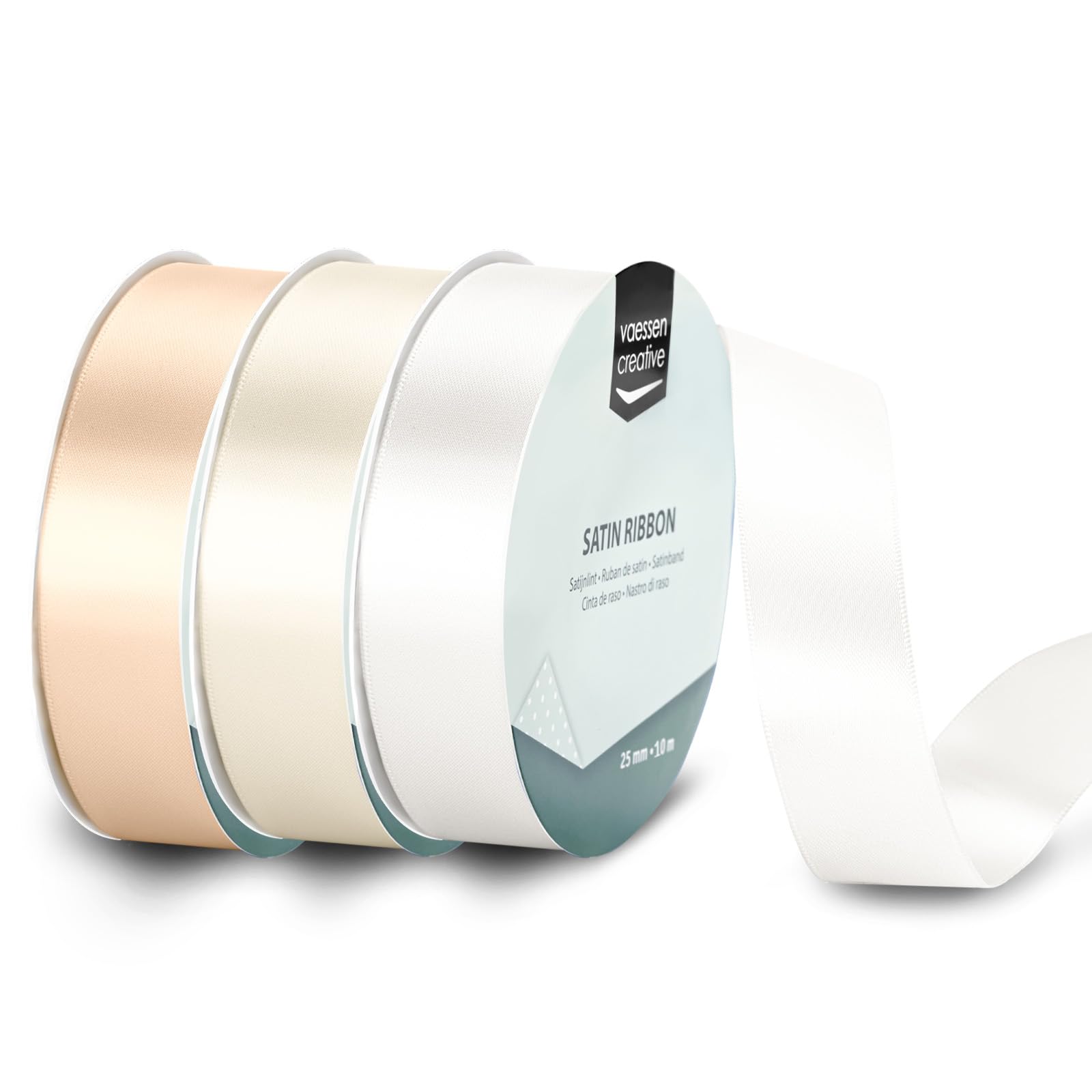 Vaessen Creative Satin Ribbon Set - 3 Wedding Colours of 32.8 ft x 1" - White - Thin Ribbon for Gift Wrapping and Crafting, 10mx25mm