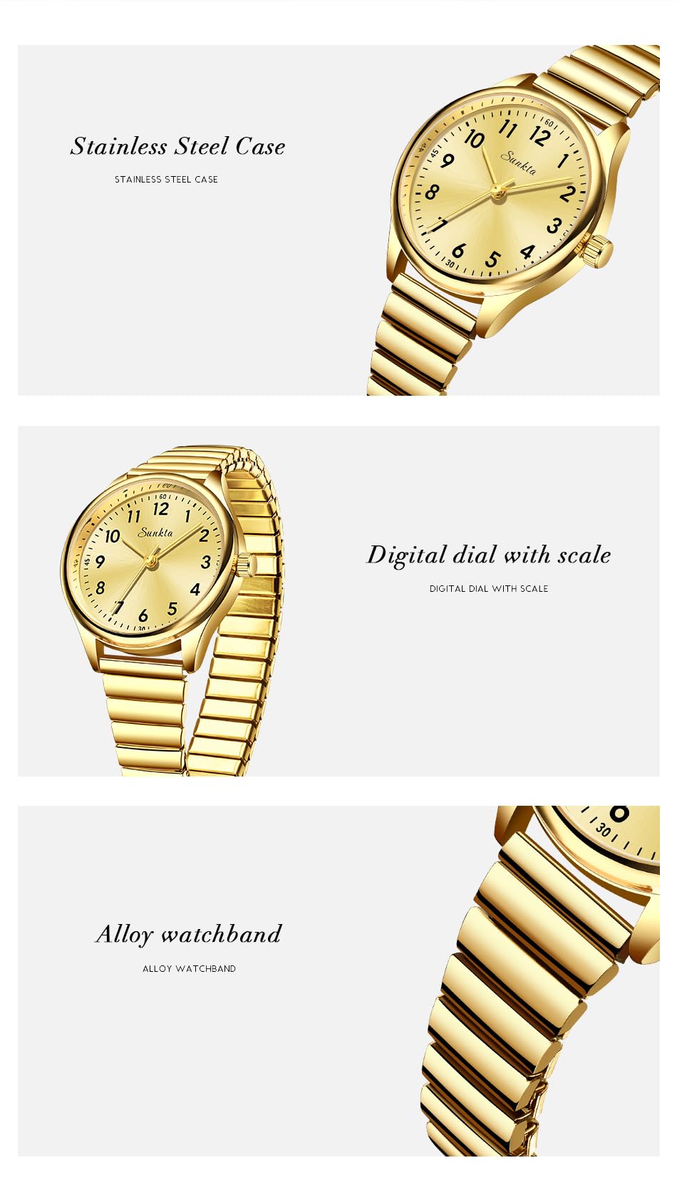 Gosasa Reloj de cuarzo fácil de leer para personas mayores, números grandes, calendario, resistencia al agua hasta 30 m, luminoso, reloj de pulsera de acero inoxidable para mujer y hombre