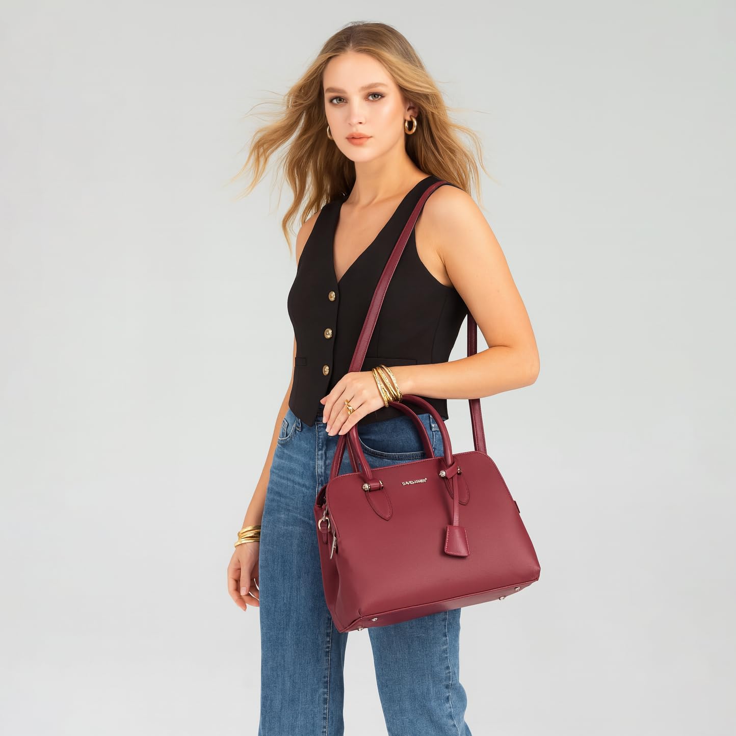 David Jones - Sac à Main Femme - Cabas Fourre-Tout Cuir PU Porté Epaule Bandoulière - Multi Poche Plusieurs Compartiments - Tote Ville Travail Elégant Classique Chic Dame - Noir