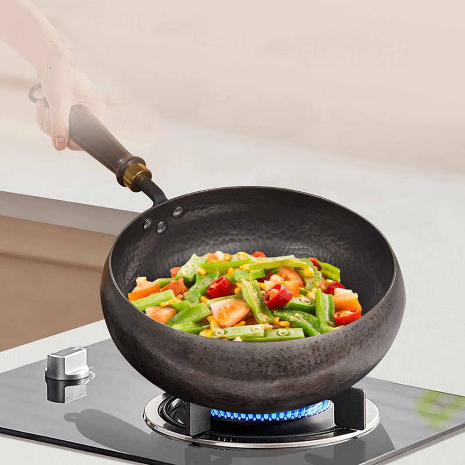 Generico Wok A Fondo Piatto In Ferro Con Coperchio In Legno, Grande In Acciaio Al Carbonio, Padella Multiuso A For Cibo Occidentale E Cinese(26cm)