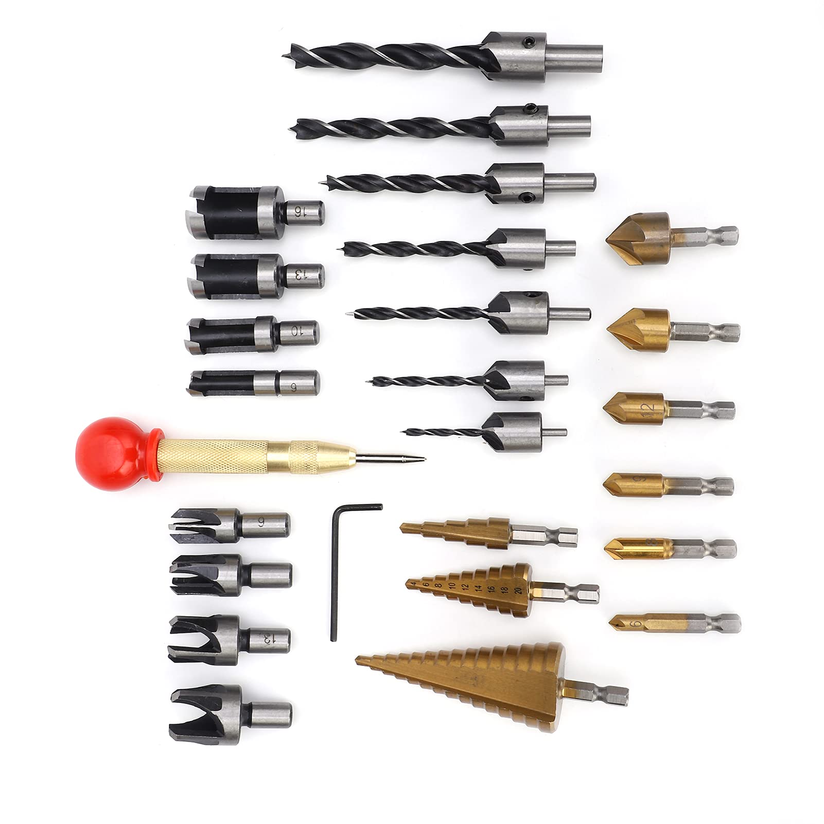 Herramientas de perforación de chaflán para carpintería, kit combinado de 26 brocas avellanadas de tres puntas, llave en L, 8 cortadores de tapones de madera, broca de 3 pasos, perforadora central