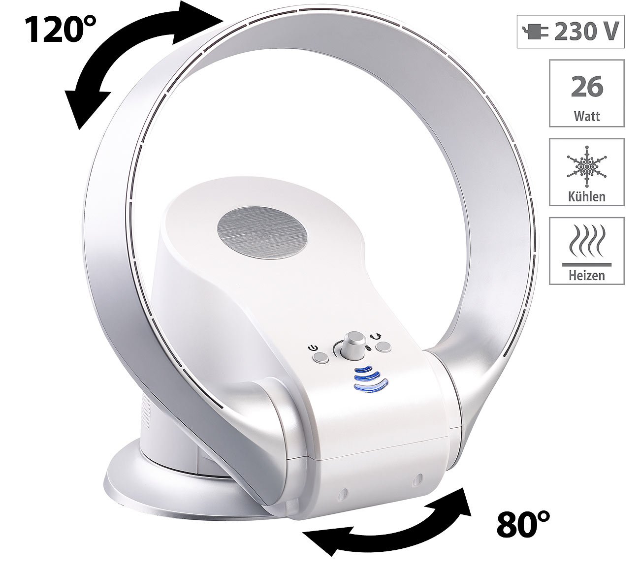 Sichler Haushaltsgeräte Ventilator ohne Rotor: Rotorloser 360°-Wand- und Tisch-Ventilator mit Oszillation, 26 Watt (Wandventilator schwenkbar, ohne Rotorblätter, Kühl)