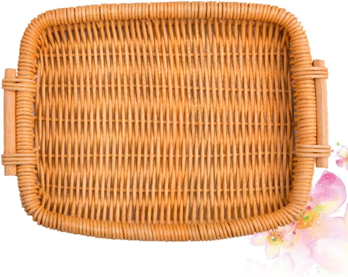 2pcs Rattan Woven Fruit Basket Hand-woven Food Storage Organizer for Bread and Produce Decorative Honey Color Design Rectangle Style for Kitchen Counter and Dining Decor