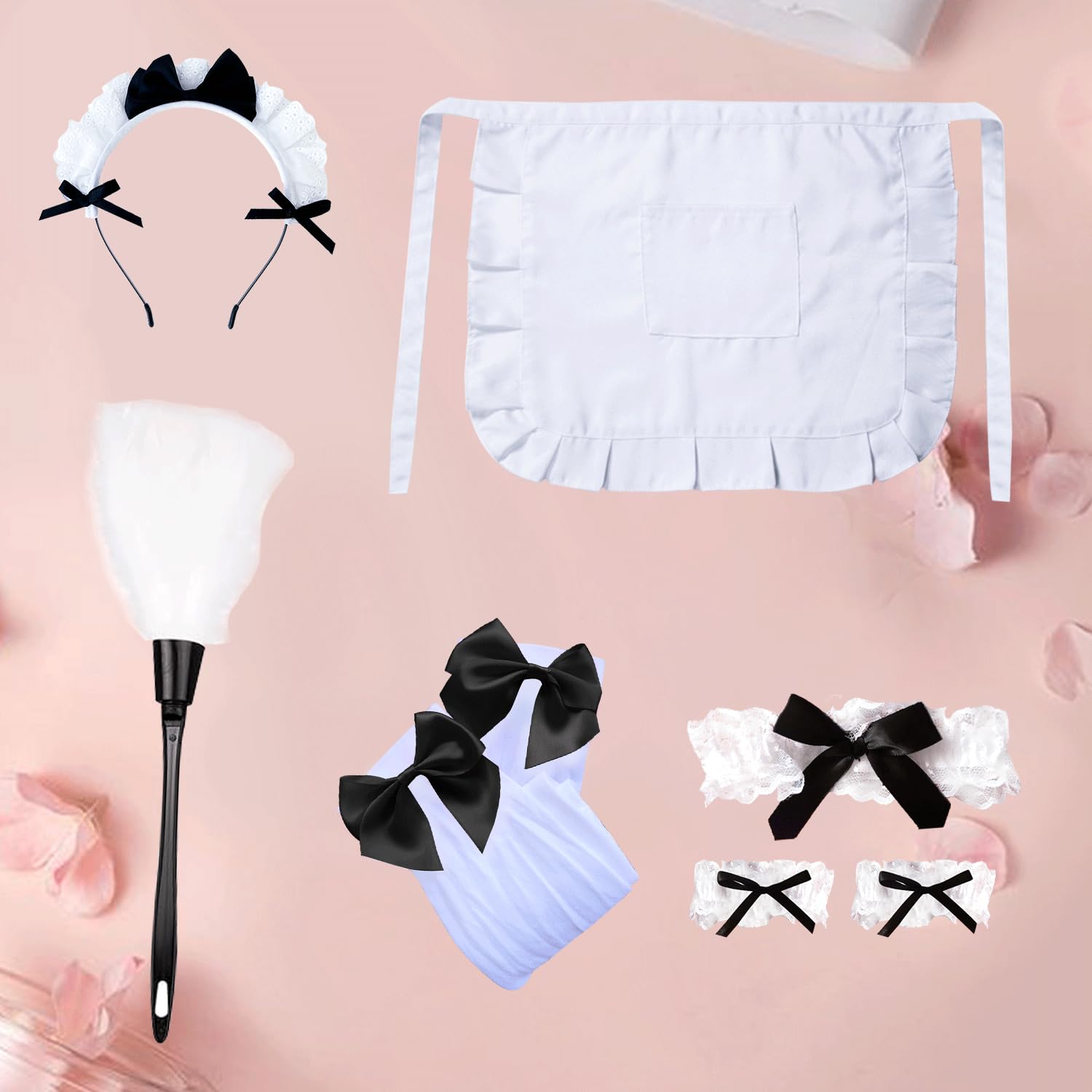 HAICN 7Pieces Maid Costume Accessories Set Feathered Duster Maid Headband Maid Apron Collar With Lace Cuffs Socks Maid Apron Party Decoration Fancy Dress Set for Girl - Image 3